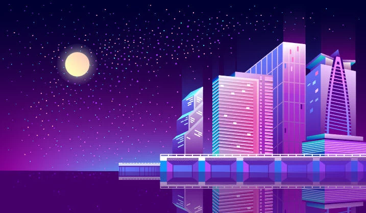 未来科技科幻霓虹灯渐变绚丽城市建筑夜景灯光插画AI/PSD设计素材100套【080】